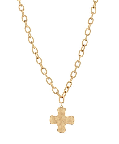 Hammered Cross Necklace Worn Gold
