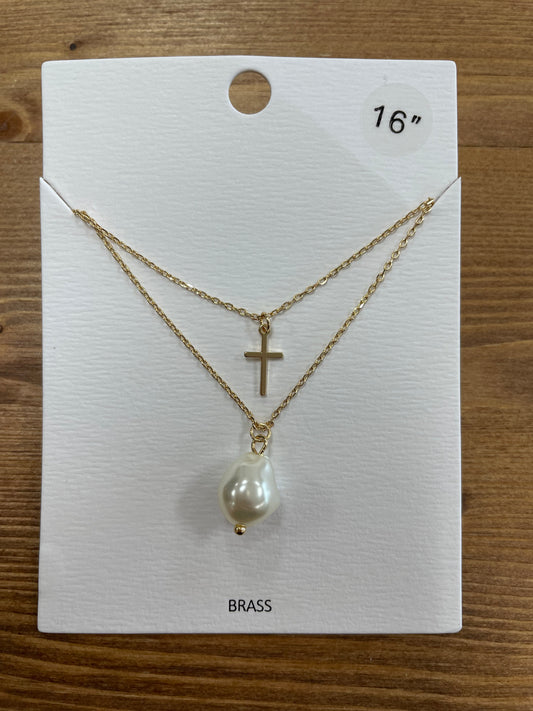 Gold Pearl & Cross Necklace