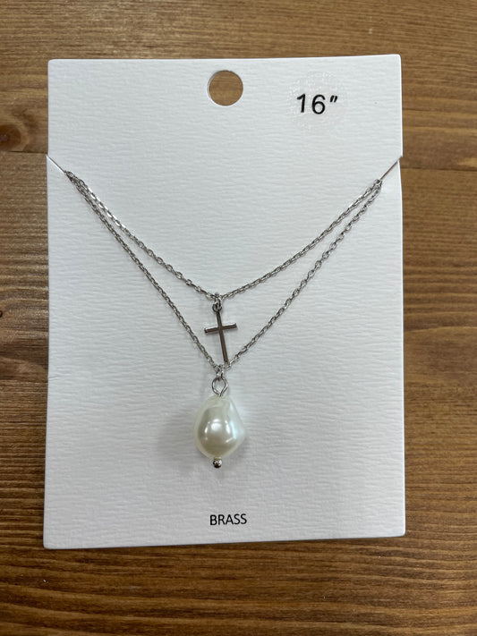 Silver Pearl & Cross Necklace