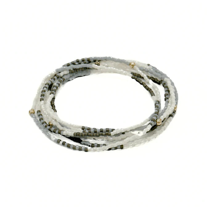 Maui Beaded 7 Stack Bracelets with 14K Gold-Filled Beads- Gray