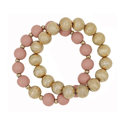 Gold Textured Beaded and Pink Wood Set of 2 Stretch Bracelet