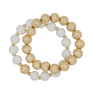 Gold Textured Beaded and White Wood Set of 2 Stretch Bracelet