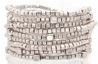 Matte Silver Beaded Set of 9 Stacked Stretch Bracelet