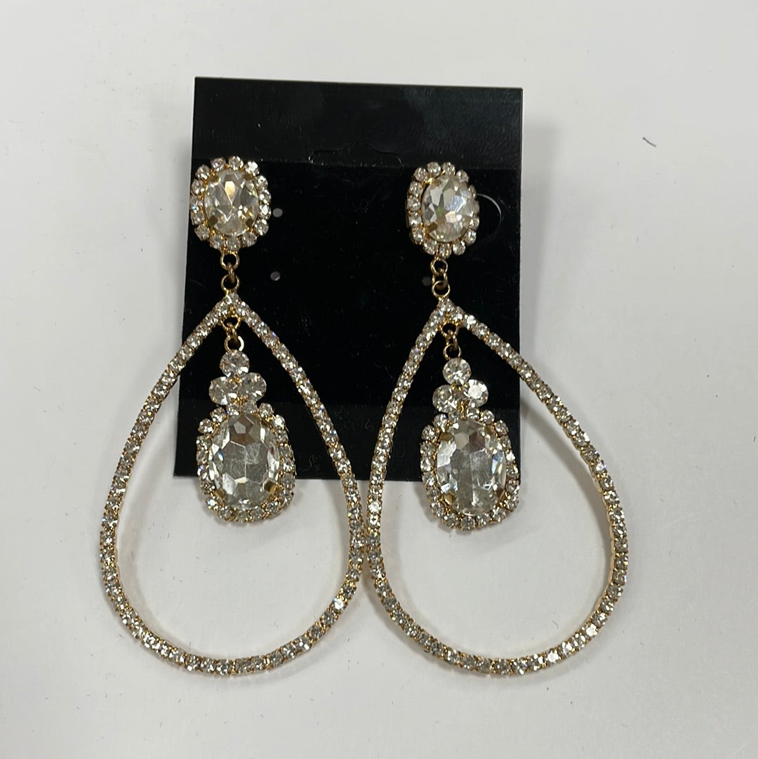 Formal Earrings Gold Clear Thin Round with Drop Stone