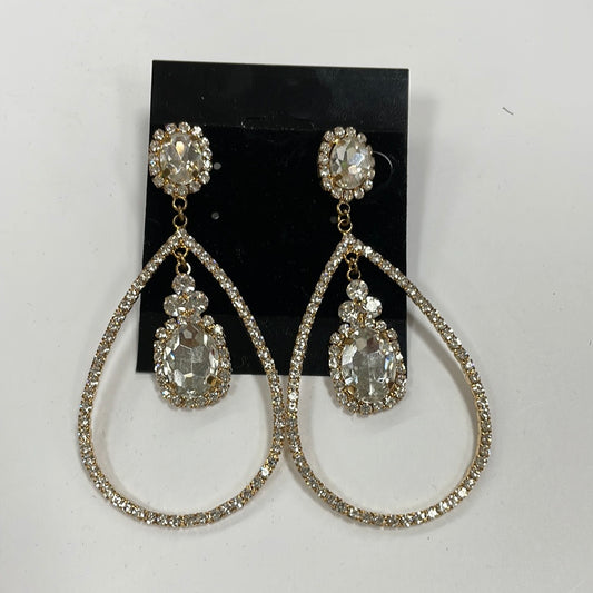 Formal Earrings Gold Clear Thin Round with Drop Stone