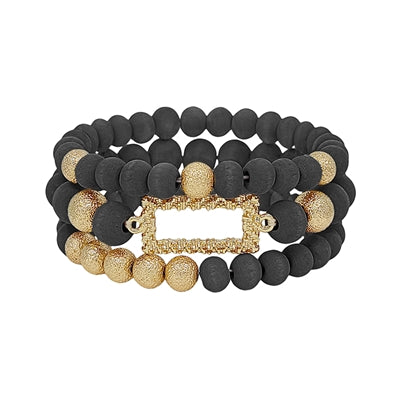Black Wood & Textured Gold Beaded Set of 3 Stretch Bracelet