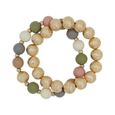 Gold Textured Beaded and Light Multi Wood Set of 2 Stretch Bracelet