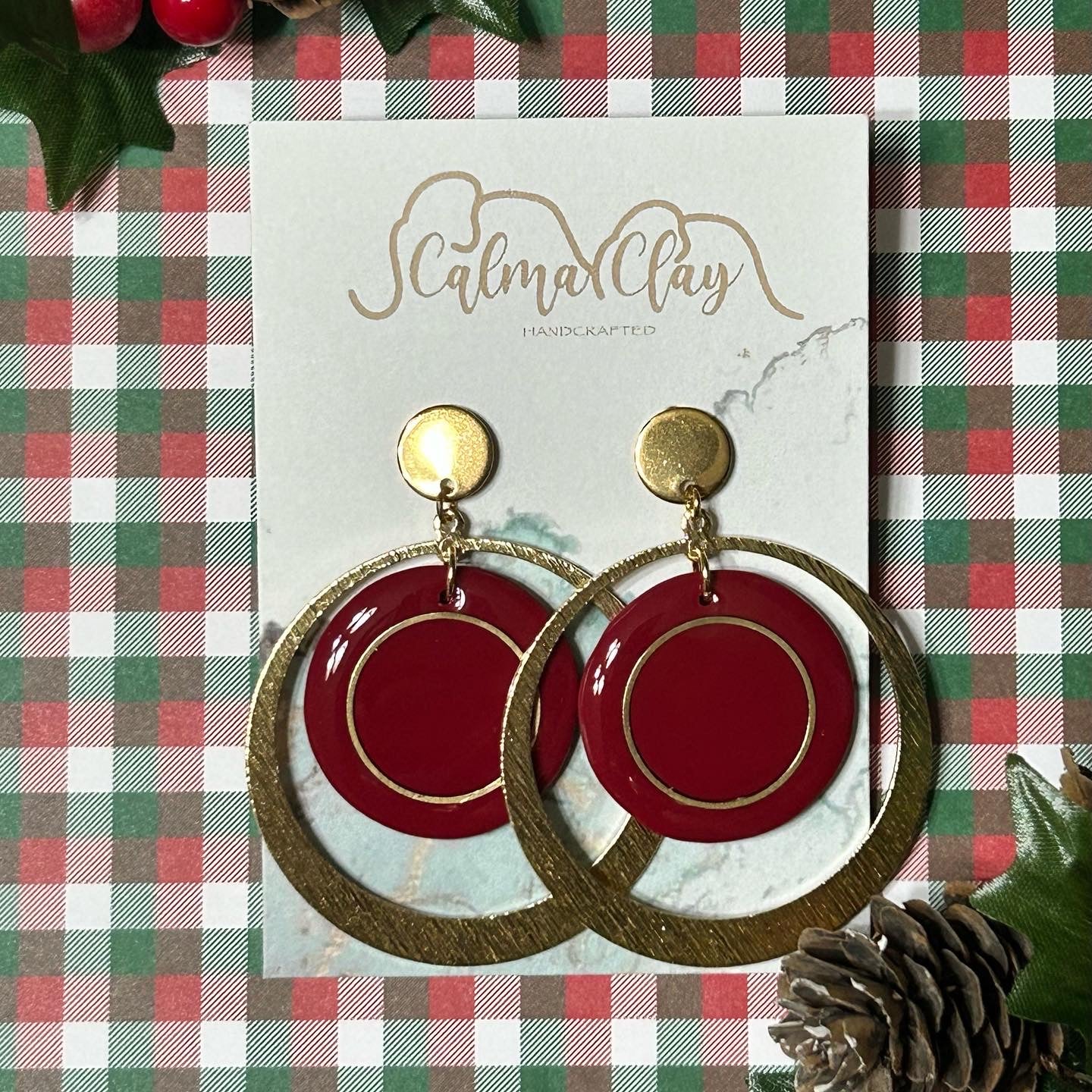 Calma Clay Gold Double Circle Earrings Red