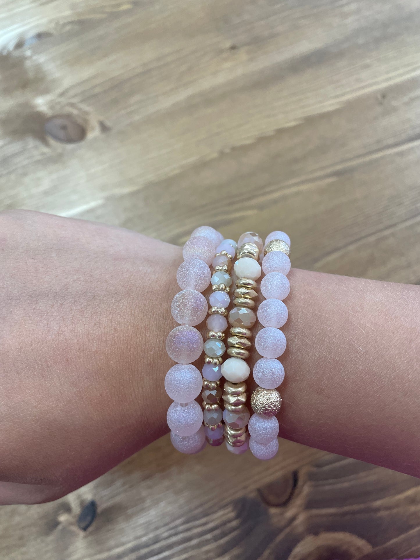 Set of 4 Natural Pink Stone with Gold Stretch Bracelet Set