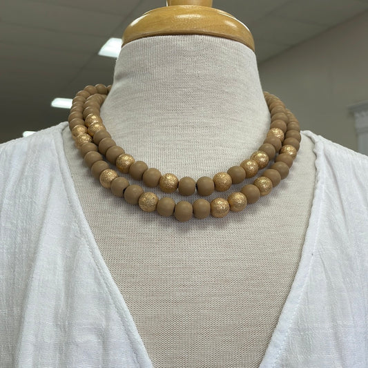 Brown and Gold Wood Beaded Necklace