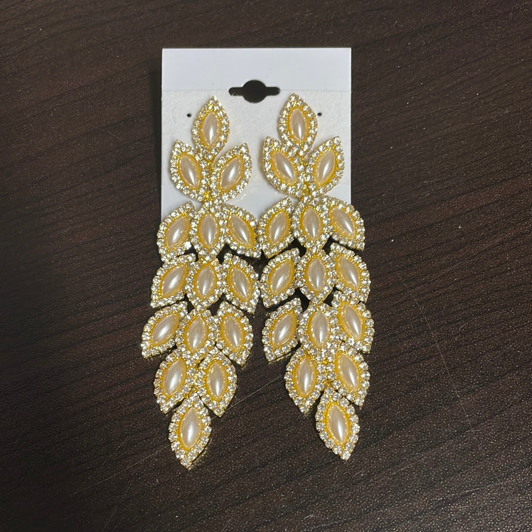 Formal Earrings Gold Base Pearl Long Feather