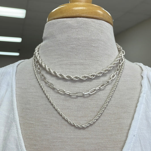 Matte Silver Triple Chain Necklace