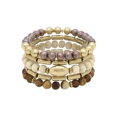 Set of 5 Brown Stone, Wood, and Gold Stretch Bracelet