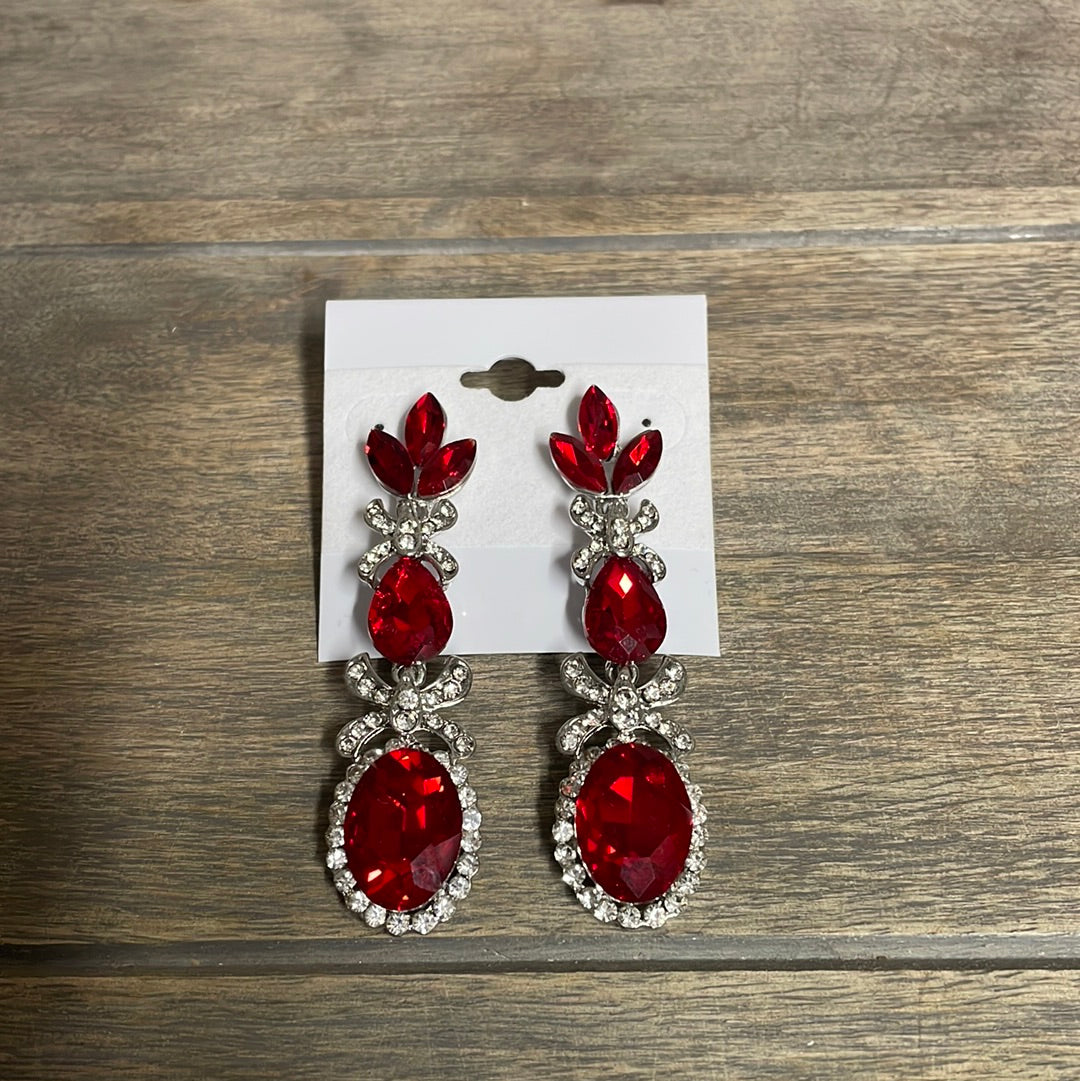 Formal Earrings Silver Base Red Leafy Stone