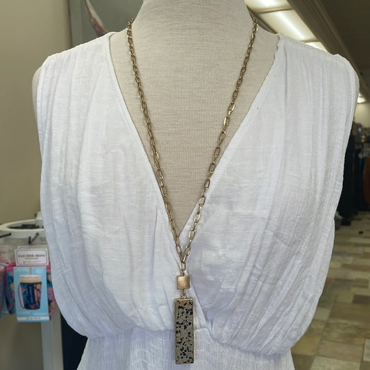 Gold Chain with Rectangle Speckled Pendant Long Necklace