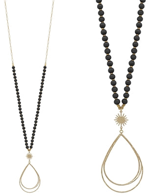 Gold Wired Teardrop Starburst with Black Wood 32” Necklace