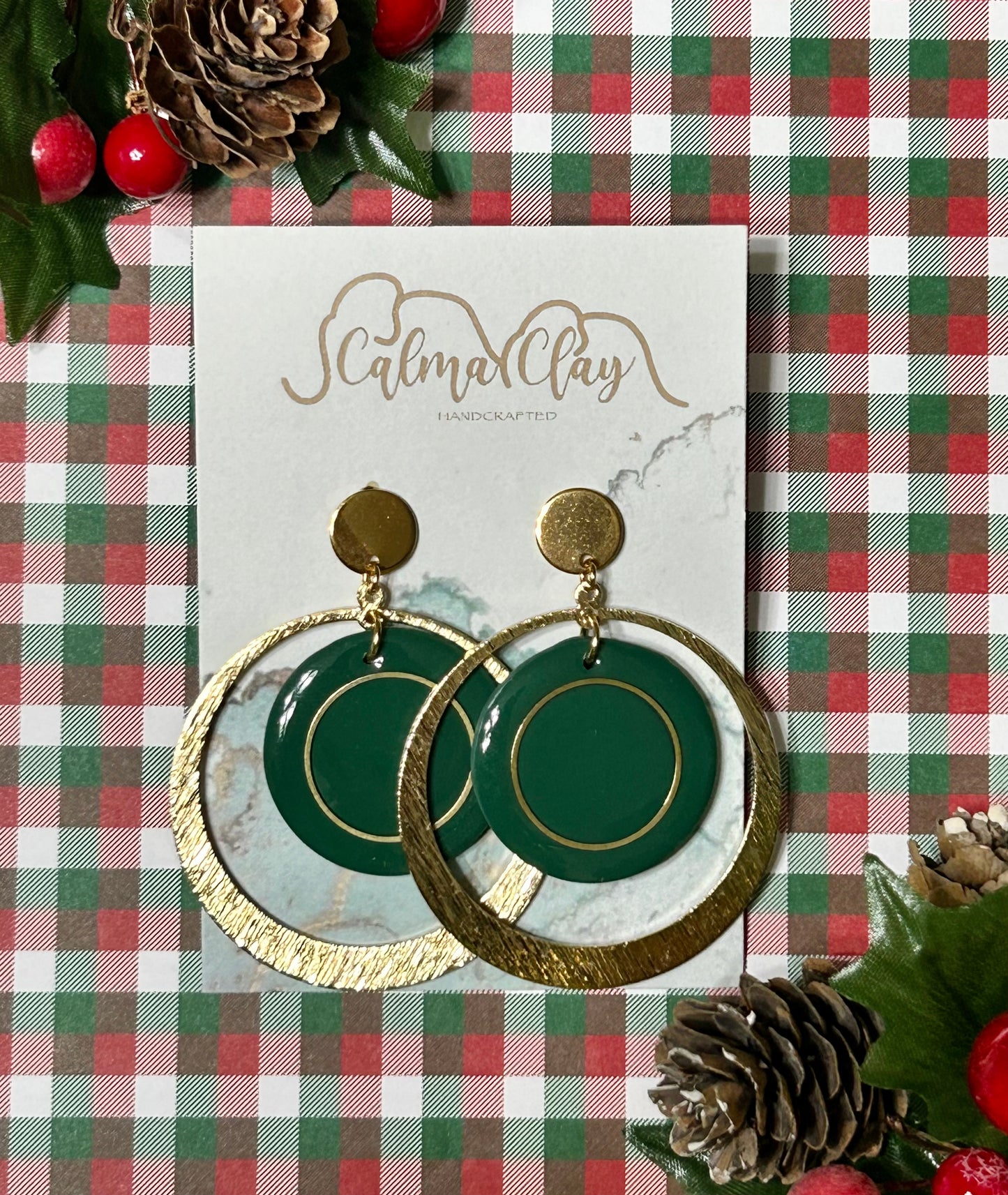 Calma Clay Gold Double Circle Earrings Green