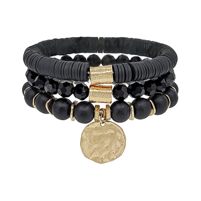 Black Wood, Rubber, and Crystal with Gold Charm Set of 3 Stretch Bracelets