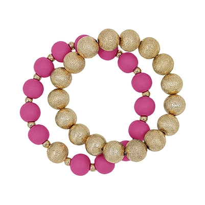 Gold Textured Beaded and Hot Pink Wood Set of 2 Stretch Bracelet