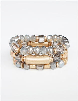 Grey Crystal with Gold Bar Accents Set of 3 Stretch Bracelet