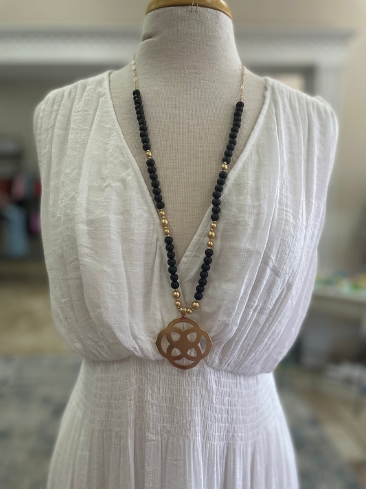 Black Beaded Wood Gold Pendant Long Necklace