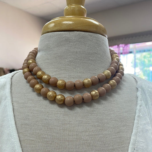 Mauve and Gold Wood Beaded Necklace