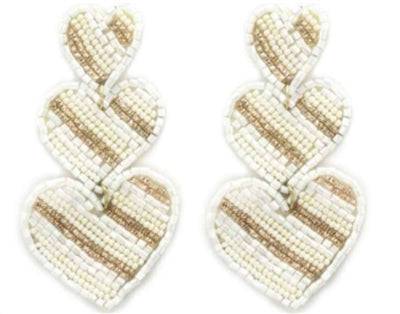 Valentines White Stripped Heart Triple Drop Bead 3” Earring