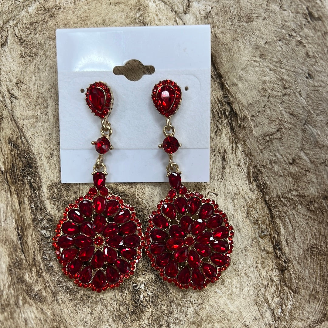 Formal Earrings Detailed Red Circle Stone