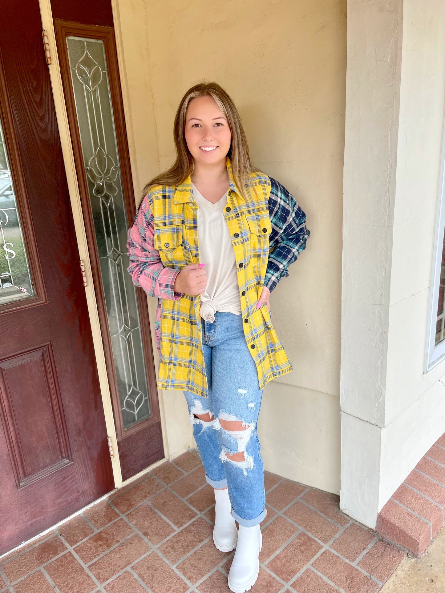 Pink, Butterscotch, and Navy Plaid Color Block Shirt